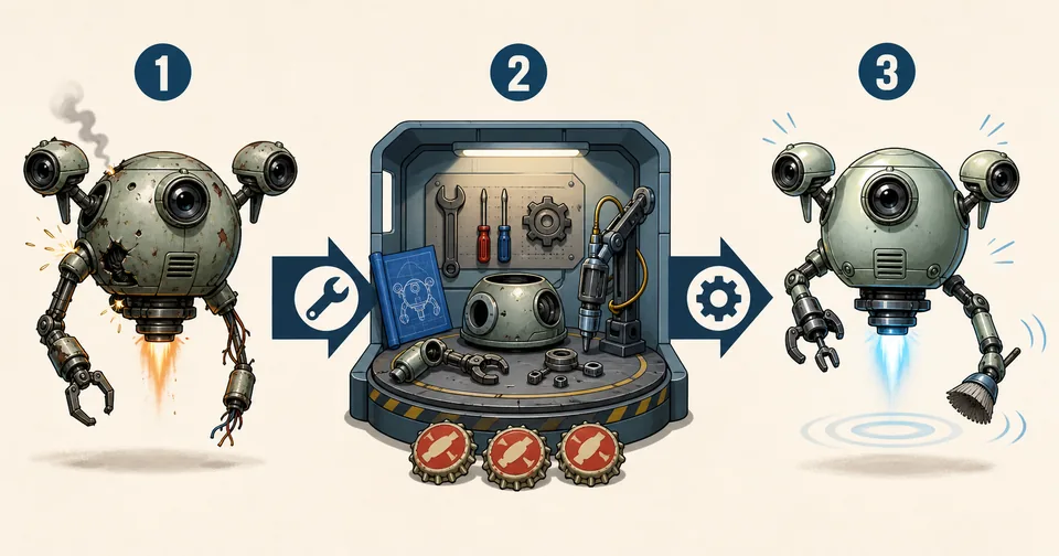 Editorial step flow showing a damaged Mr. Handy style robot being repaired and returning to vault duty