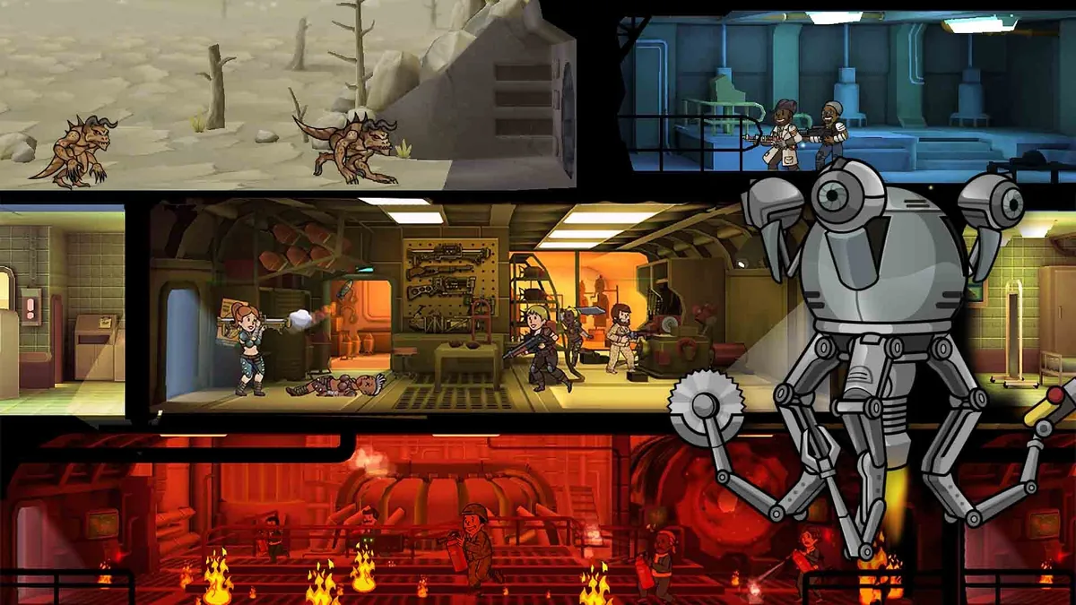 Official Fallout Shelter screenshot showing dwellers fighting enemies during exploration and vault incidents