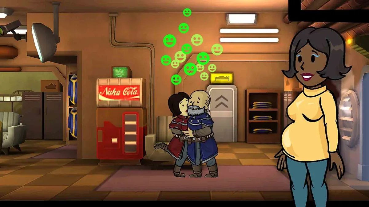 Official Fallout Shelter screenshot showing happy dwellers in a social vault room