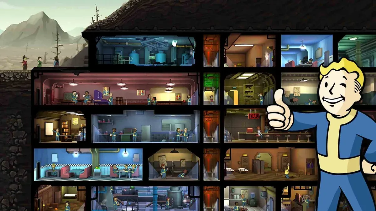 Official Fallout Shelter vault scene with dwellers working in specialized rooms