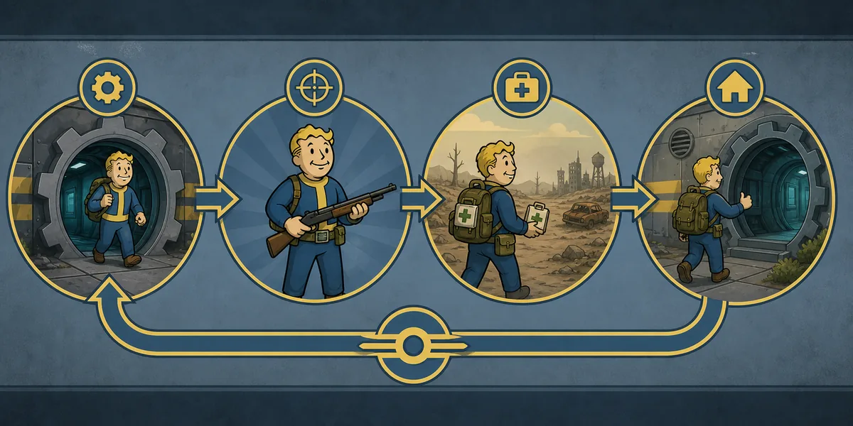 Editorial diagram showing Fallout Shelter explorer preparation, supplies, exploration, and return